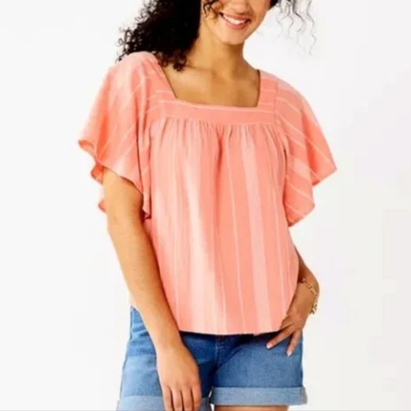 Sonoma Women's Plus Cotton Striped Boxy Flutter Shoulder Top NWT - Picture 1 of 13